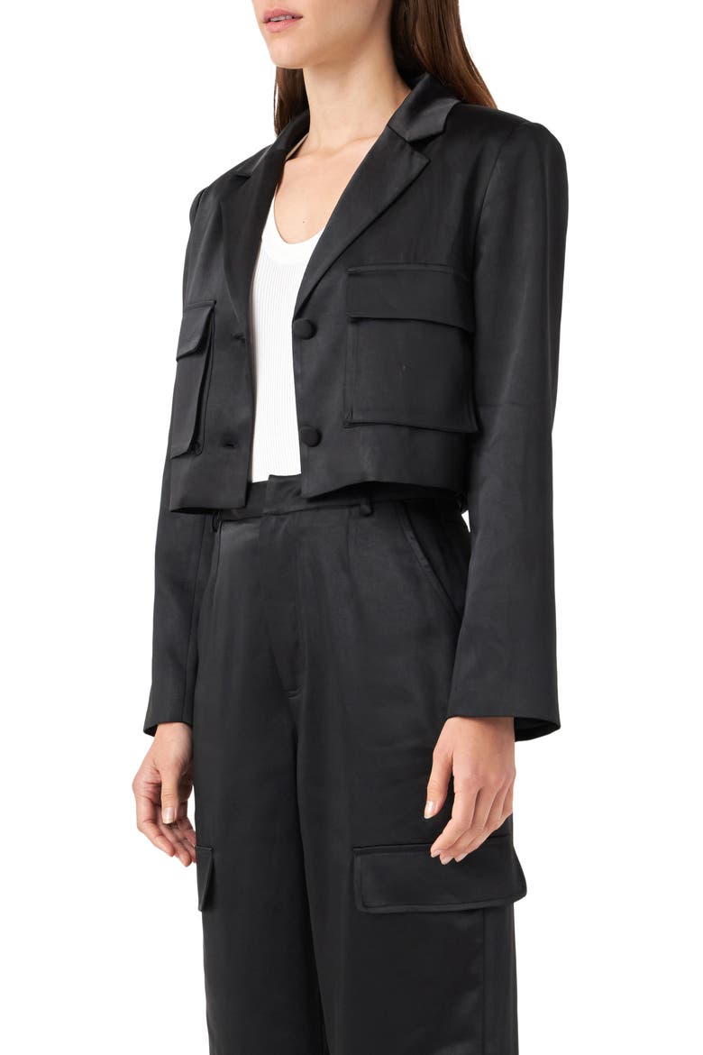 Crop Satin Blazer, Alternate, color, BLACK