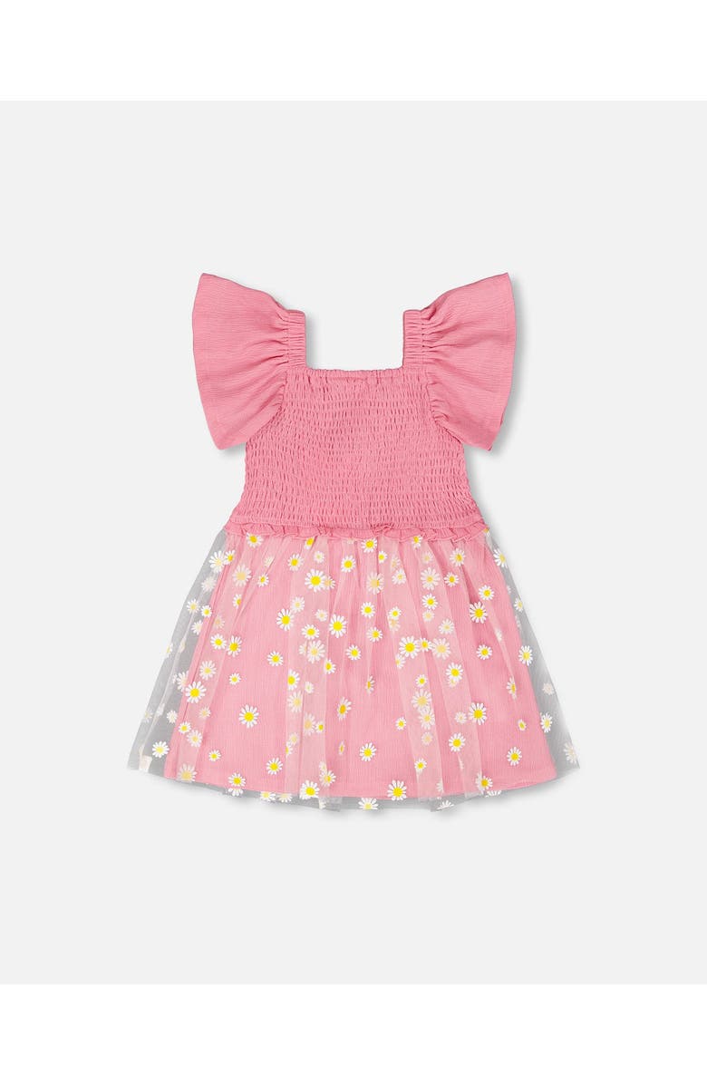 Deux par Deux Mesh and Crinkle Jersey Smocking Dress, Alternate, color, Pink