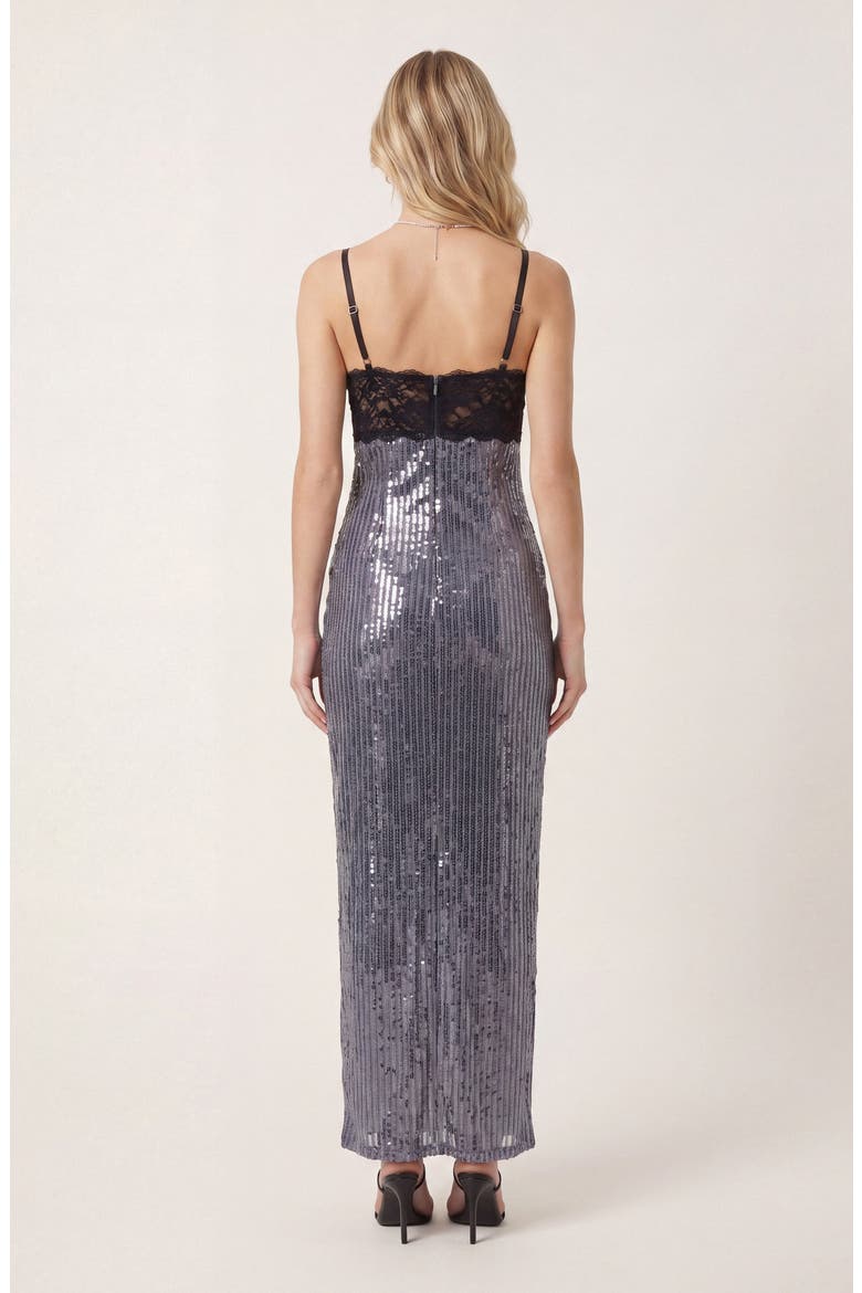 Lace Bustier Open Back Sequin Maxi Dress, Alternate, color, Silver / Black