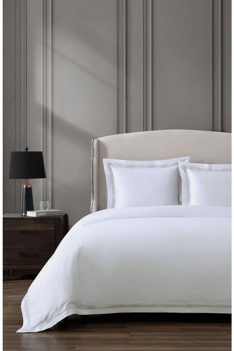 Egyptian Cotton Sateen Bratta Embroidery Triple Luxe Sateen 3-Piece Duvet Cover Set, Alternate, color, NICKEL