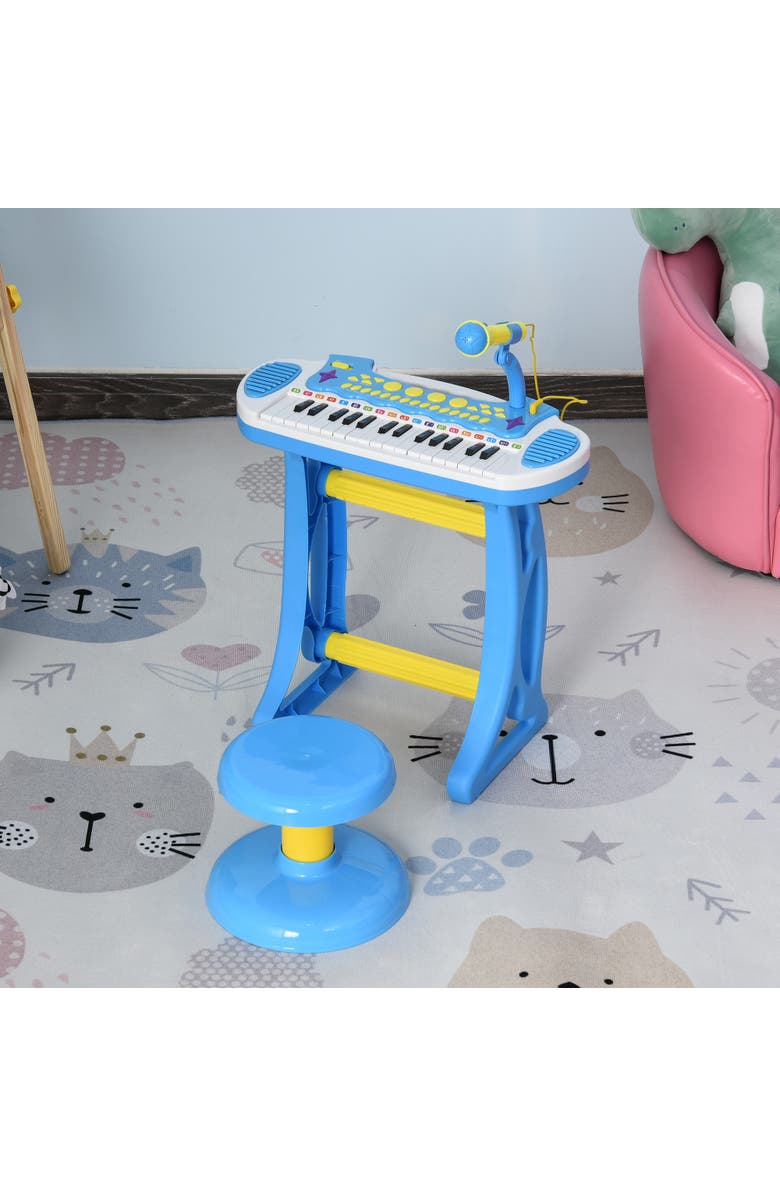 Qaba Kids Toy Keyboard Piano, Stool, Microphone, Flashlight, Alternate, color, Blue