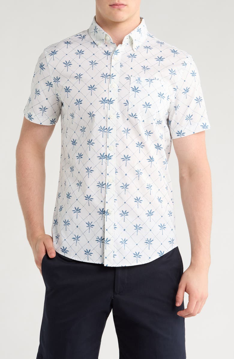 Original Penguin Palm Print Short Sleeve Stretch Button-Down Shirt, Main, color, Bright White