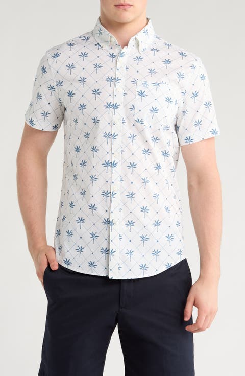 Palm Print Short Sleeve Stretch Button-Down Shirt