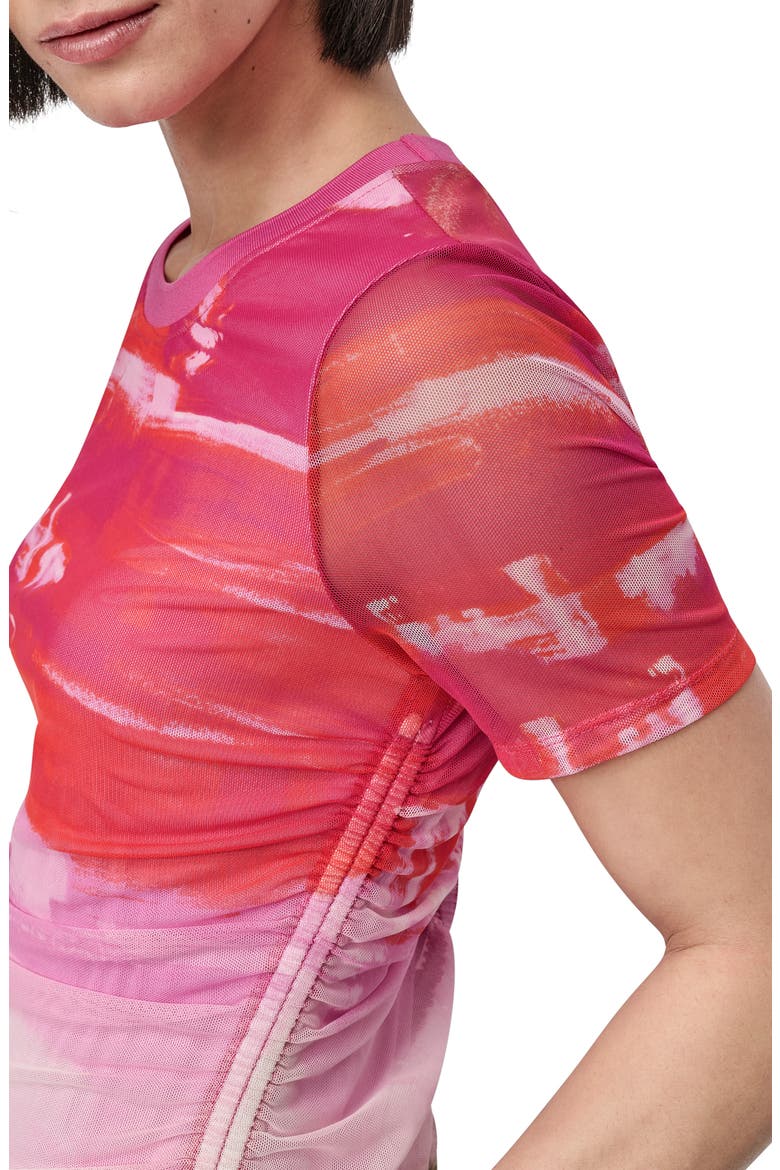 Print Ruched Mesh Top, Alternate, color, BRUSHED SKYLINE