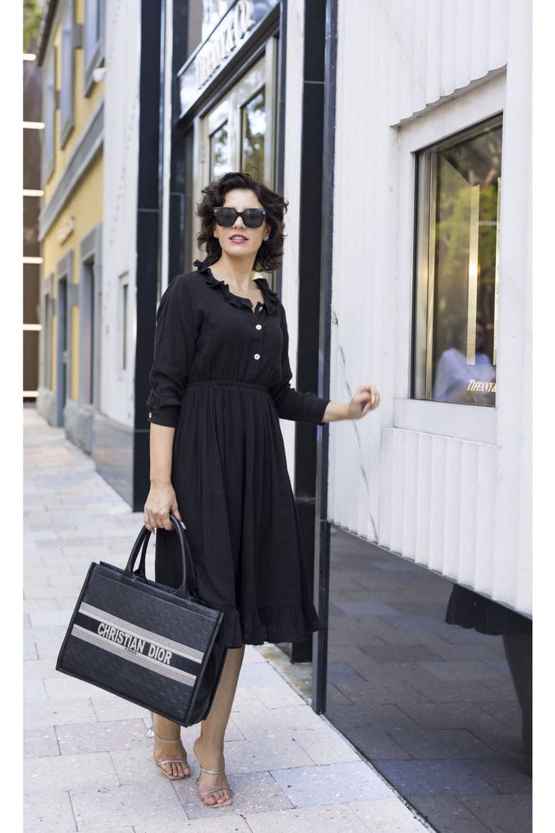 Brigitte Ruffle Neck Shirtdress, Alternate, color, Black Cotton Gauze