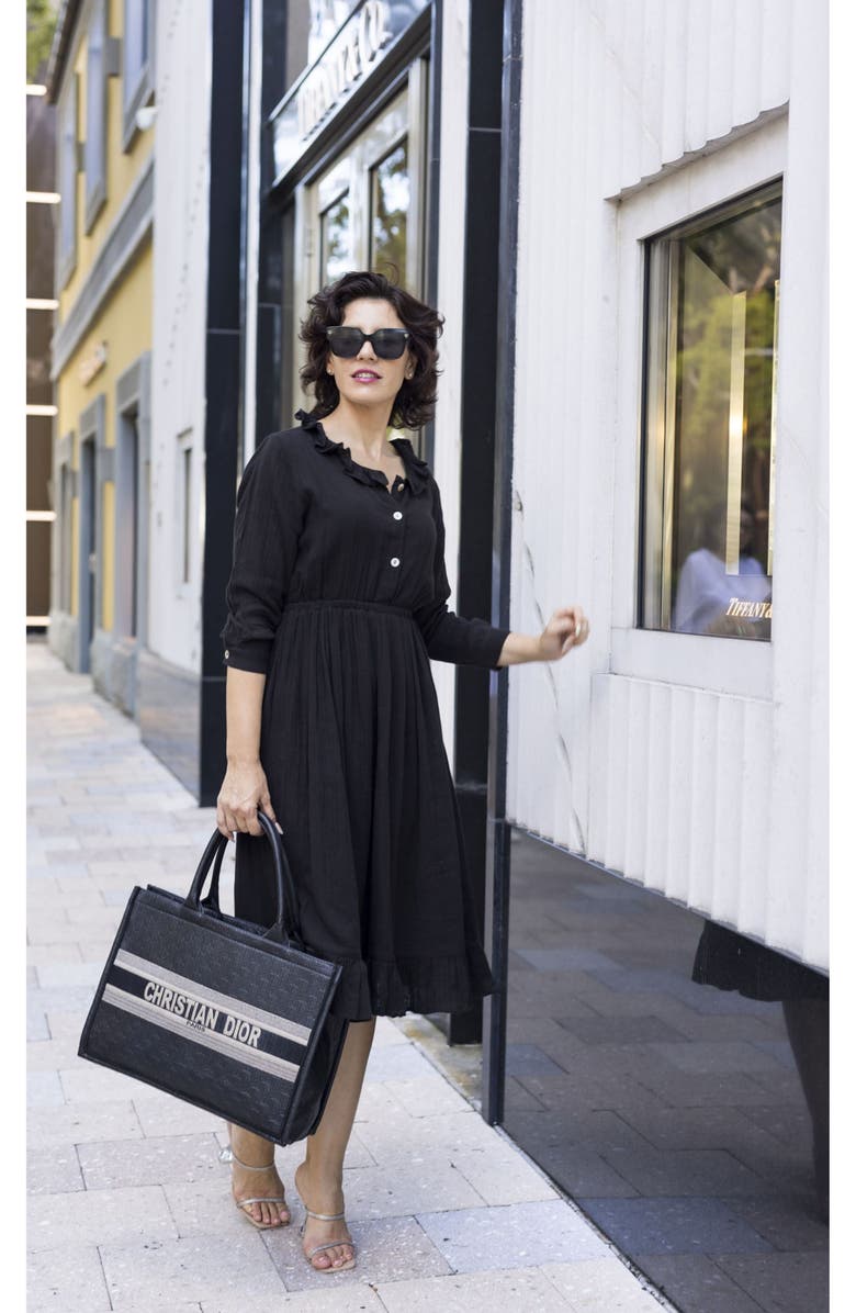 Mer St. Barth Brigitte Ruffle Neck Shirtdress, Alternate, color, Black Cotton Gauze