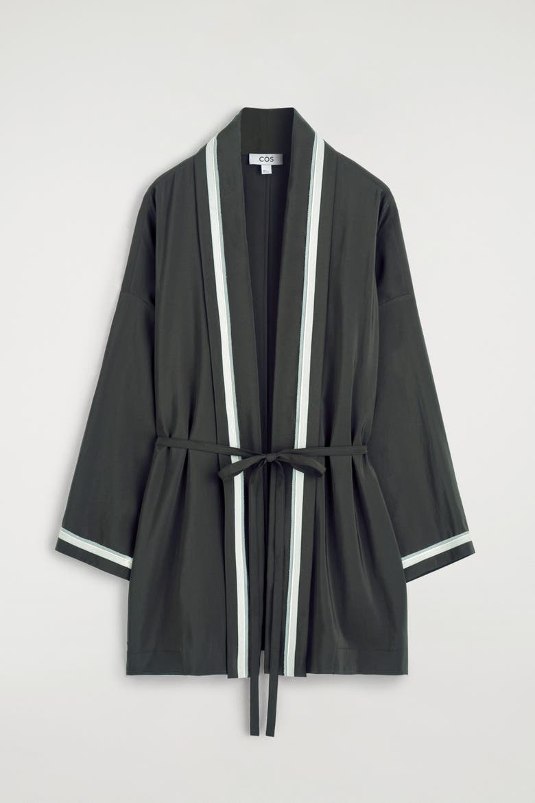 Contrast-piped Robe-style Blouse, Alternate, color, KHAKI / WHITE
