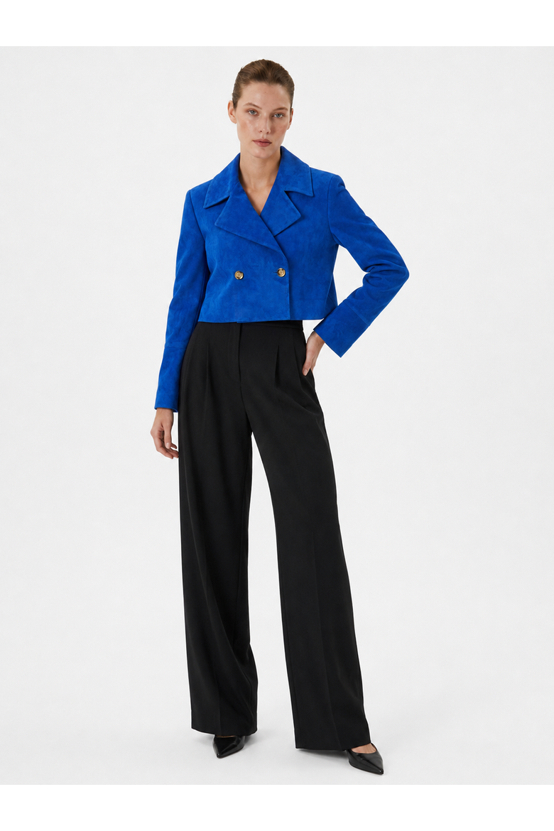 Saphira Premium Suede Leather Cropped Double-Breasted Jacket, Alternate, color, Blue