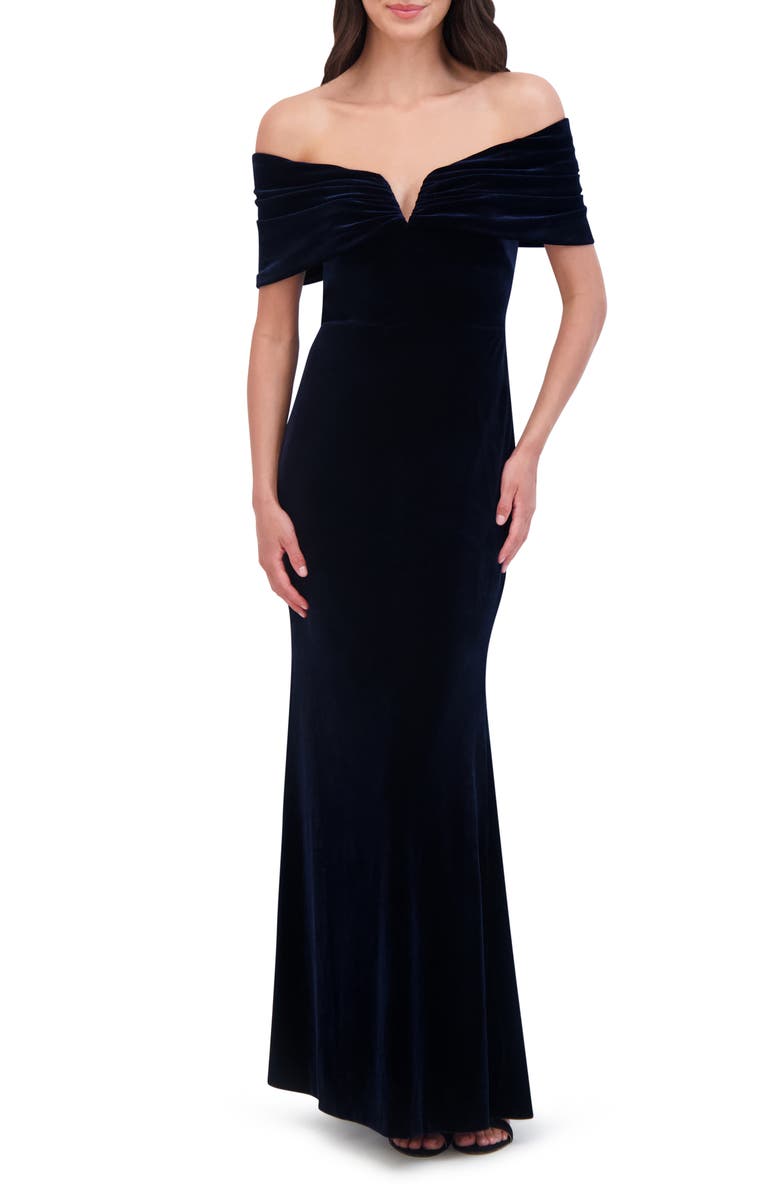 Vince Camuto Off the Shoulder Velvet Mermaid Gown, Main, color, Navy