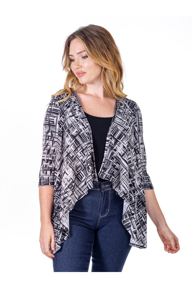 Petites Black Print Elbow Length Sleeve Open Cardigan, Main, color, Black Multi