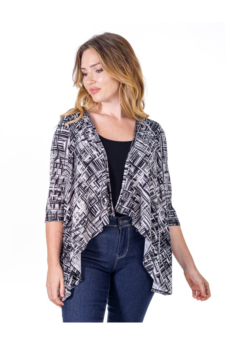 24seven Comfort Apparel Petites Black Print Elbow Length Sleeve Open Cardigan, Main, color, Black Multi