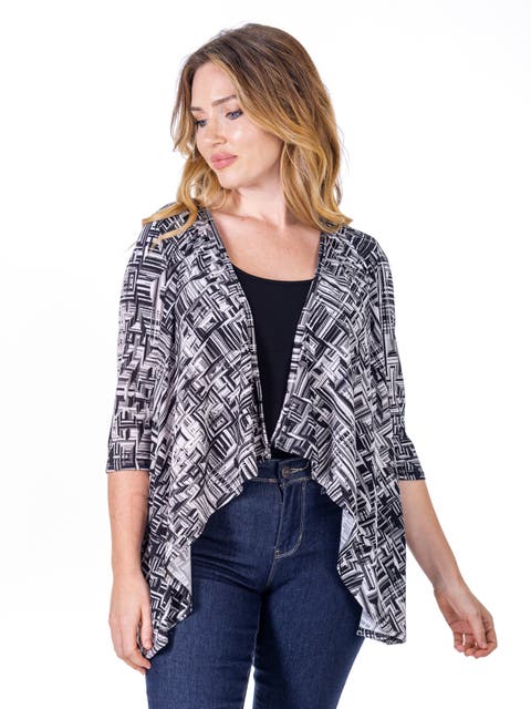 Petites Black Print Elbow Length Sleeve Open Cardigan