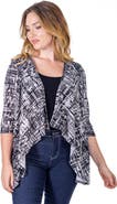 24seven Comfort Apparel Petites Black Print Elbow Length Sleeve Open Cardigan