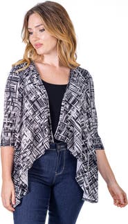 24seven Comfort Apparel Petites Black Print Elbow Length Sleeve Open Cardigan