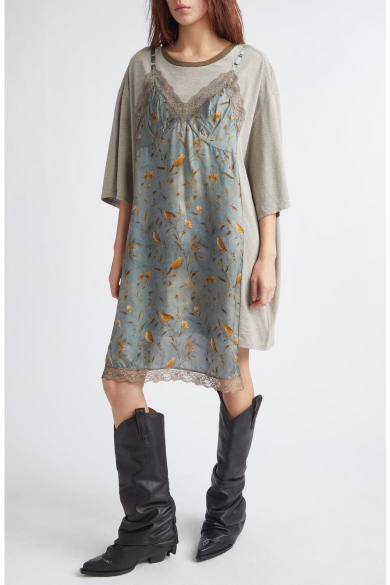 Oversize T-Shirt Dress with Slipdress Appliqué, Alternate, color, KHAKI STRIPE