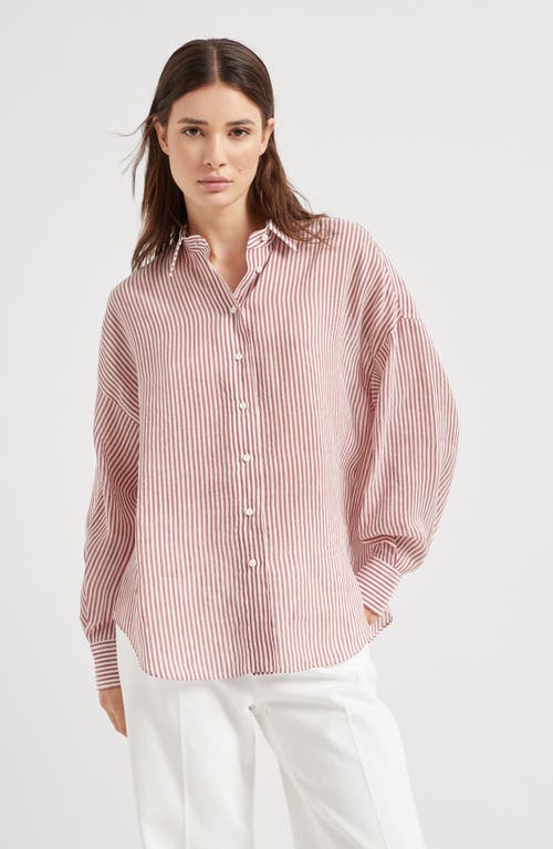 Brunello Cucinelli Stripe Button Down Linen Shirt With Piping Collar In Bordeaux