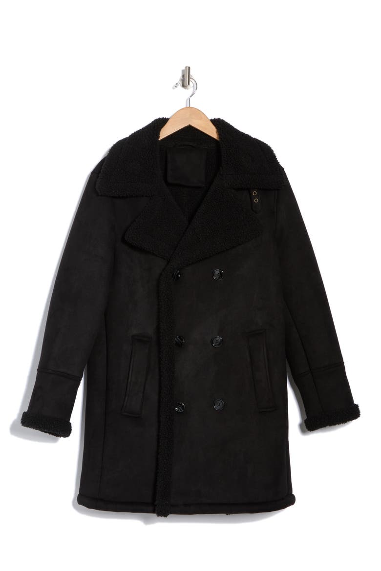 Faux Shearling Lined Double-Breasted Overcoat, Alternate, color, BLACK