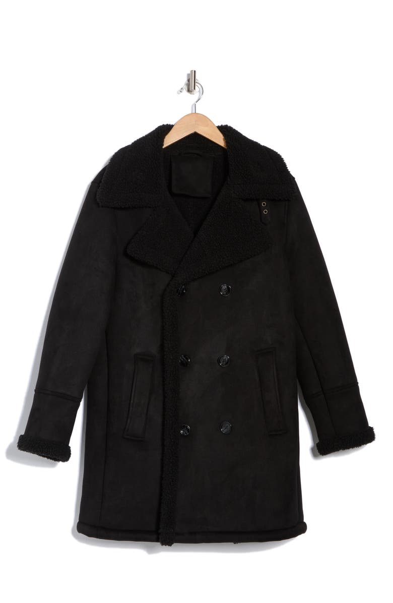 Braveman Faux Shearling Lined Double-Breasted Overcoat, Alternate, color, Black