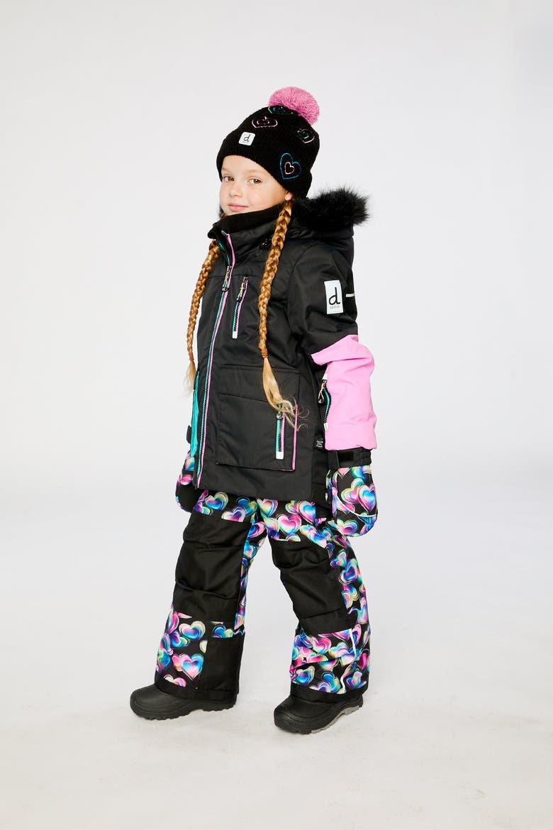 Play Colorblock Jacket & Heart Pants Two Piece Snowsuit, Alternate, color, Blue, Pink & Black Heart Print