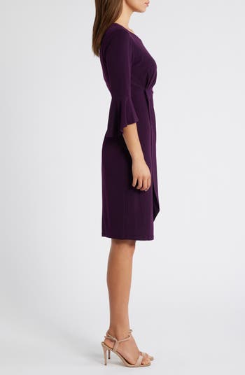 Ruched Bell Sleeve Faux Wrap Cocktail Dress