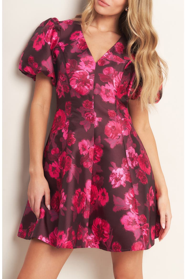 Puff Sleeve Fit and Flare Dress, Alternate, color, BURGUNDY