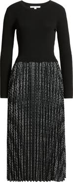 ZOE AND CLAIRE Pleated Long Sleeve Mixed Media Dress