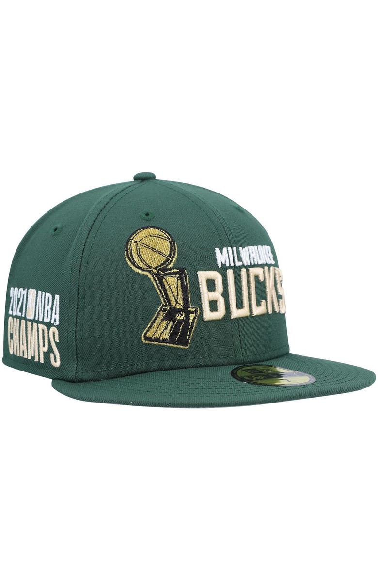 New Era Men's New Era Hunter Green Milwaukee Bucks Champs Trophy 59FIFTY Fitted Hat, Alternate, color,