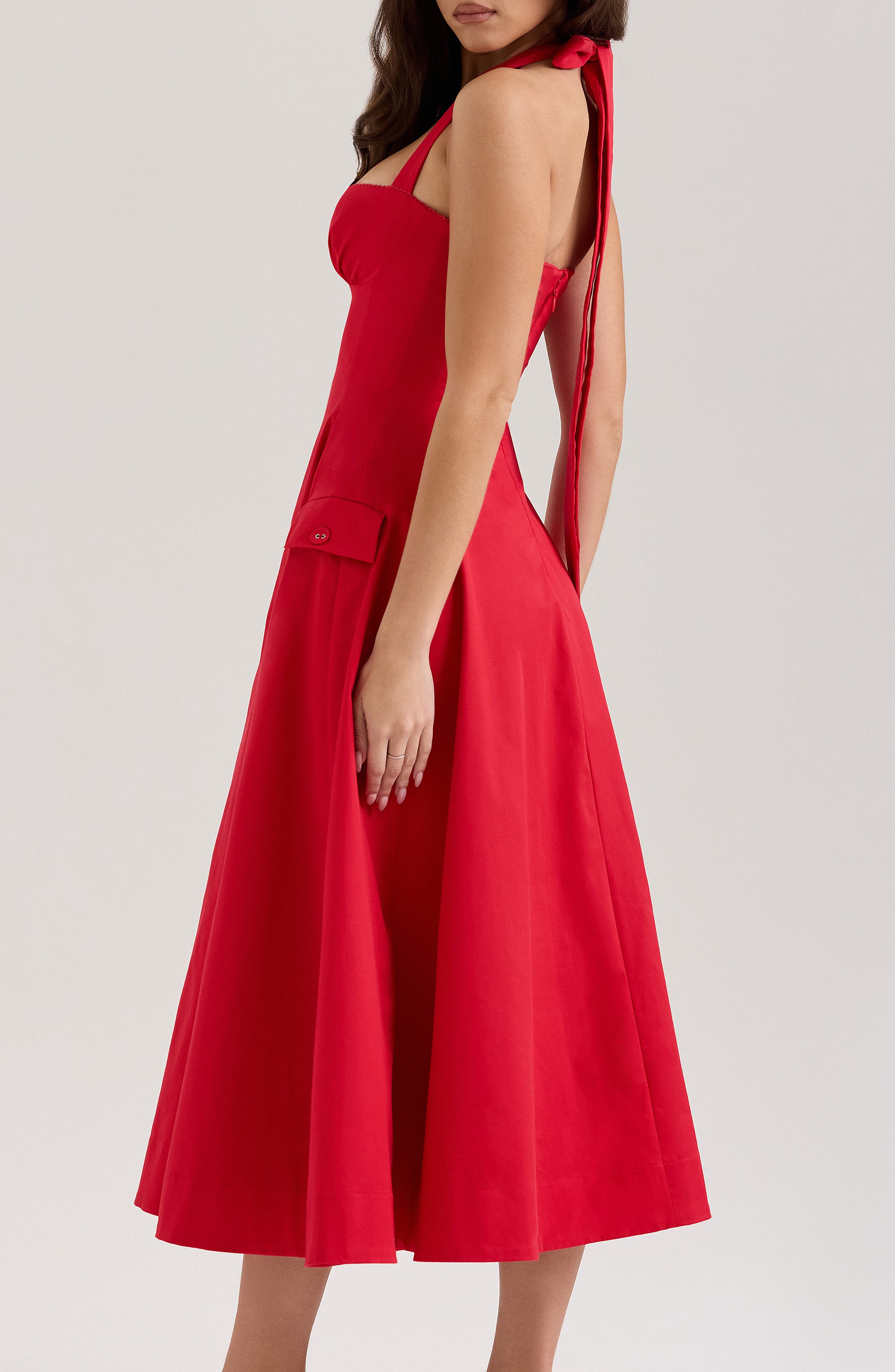 red halter neck midi dress Goddiva Corset Fit And Flare Halter Neck Midi Dress