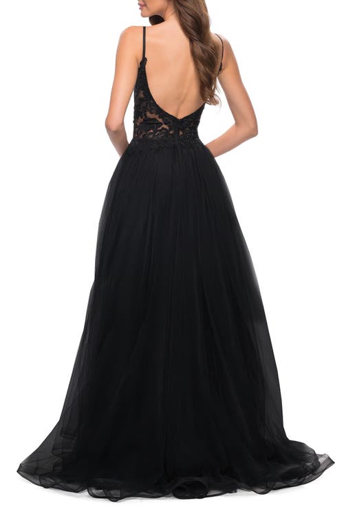 La Femme Floral Embroidered Illusion Plunge Tulle Ballgown In Black