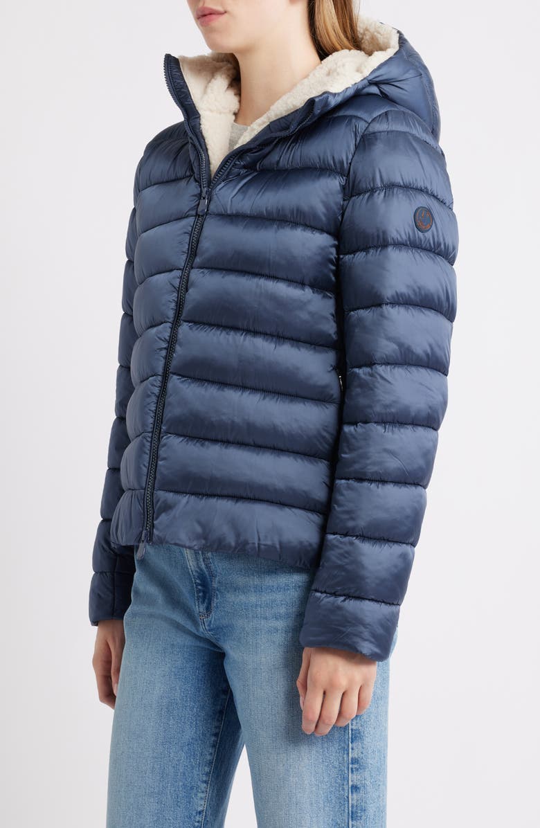 Save The Duck Gretel Faux Shearling Lining Hooded Puffer Jacket, Alternate, color, Night Blue