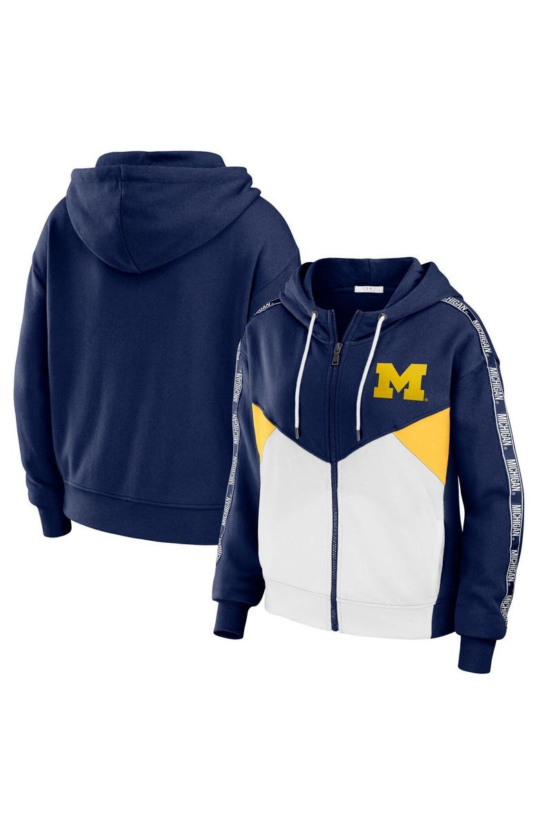 WEAR by Erin Andrews Women's WEAR by Erin Andrews Navy Michigan Wolverines Colorblock Full-Zip Hoodie Jacket, Main, color, 