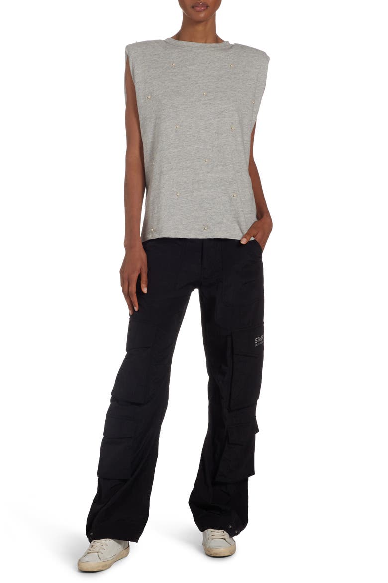 Imitation Pearl Embellished Cotton Shoulder Pad Tank, Alternate, color, MELANGE GREY/ HERITAGE WHITE