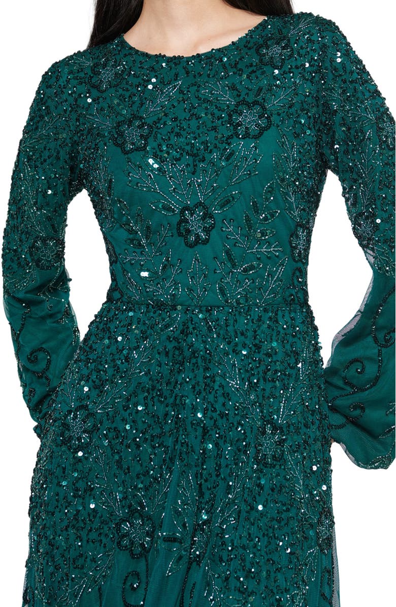 MARYISA Modest Ruffle Dress Maxi With Flowey bottom, Alternate, color, Emerald Green