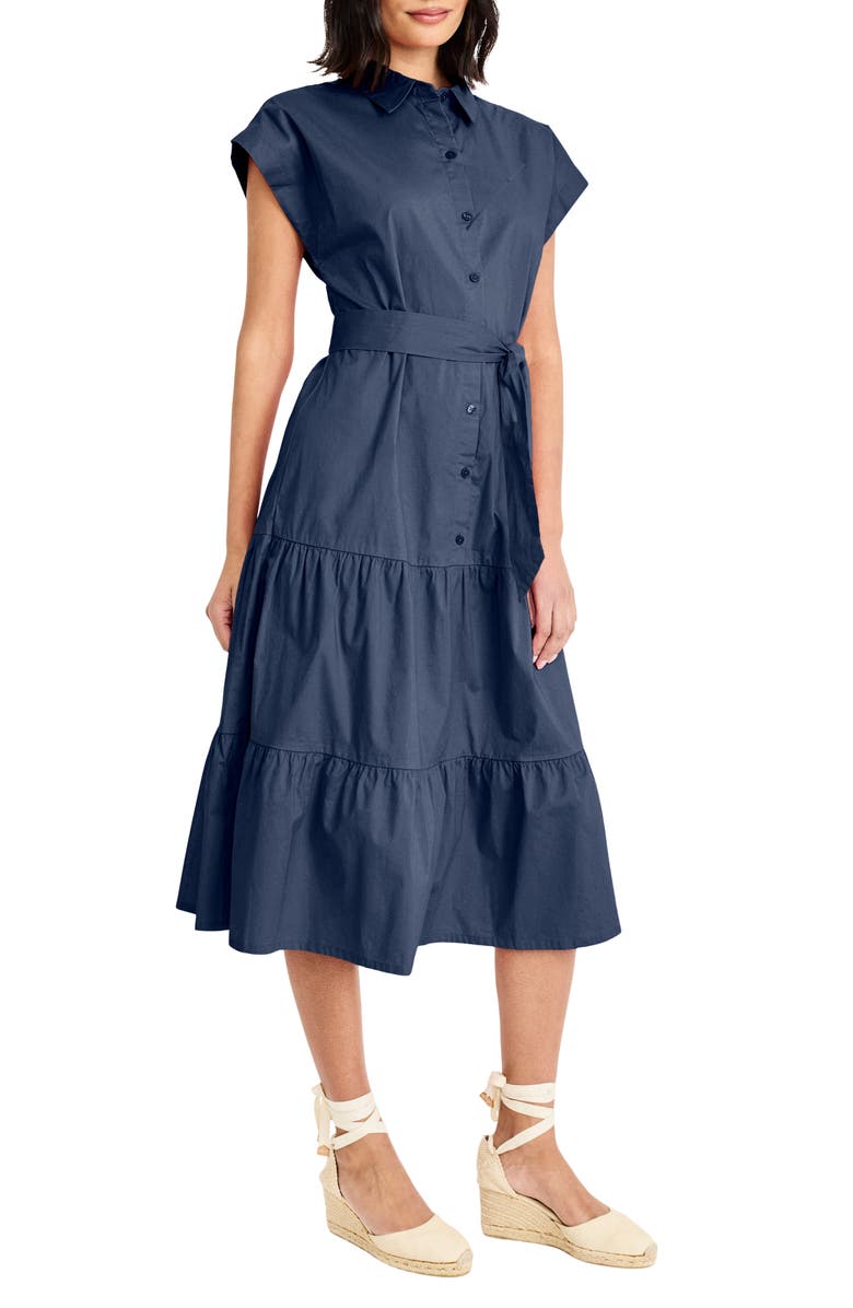 Maggy London Tie Waist Stretch Cotton Shirtdress, Alternate, color, Navy Blazer