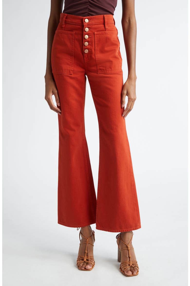 The Lou Button Fly Flare Jeans, Main, color, RED OCHRE WASH