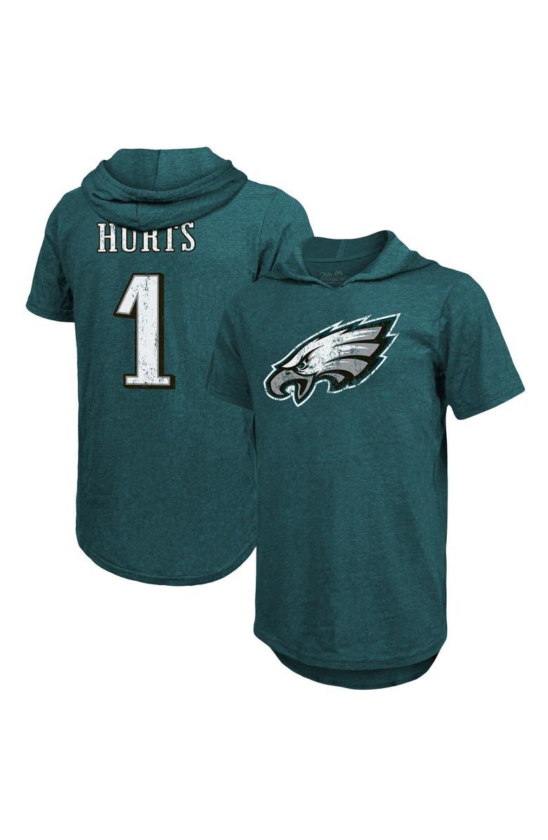 Majestic Threads Men's Majestic Threads Jalen Hurts Midnight Green Philadelphia Eagles Player Name & Number Tri-Blend Slim Fit Hoodie T-Shirt, Main, color, 