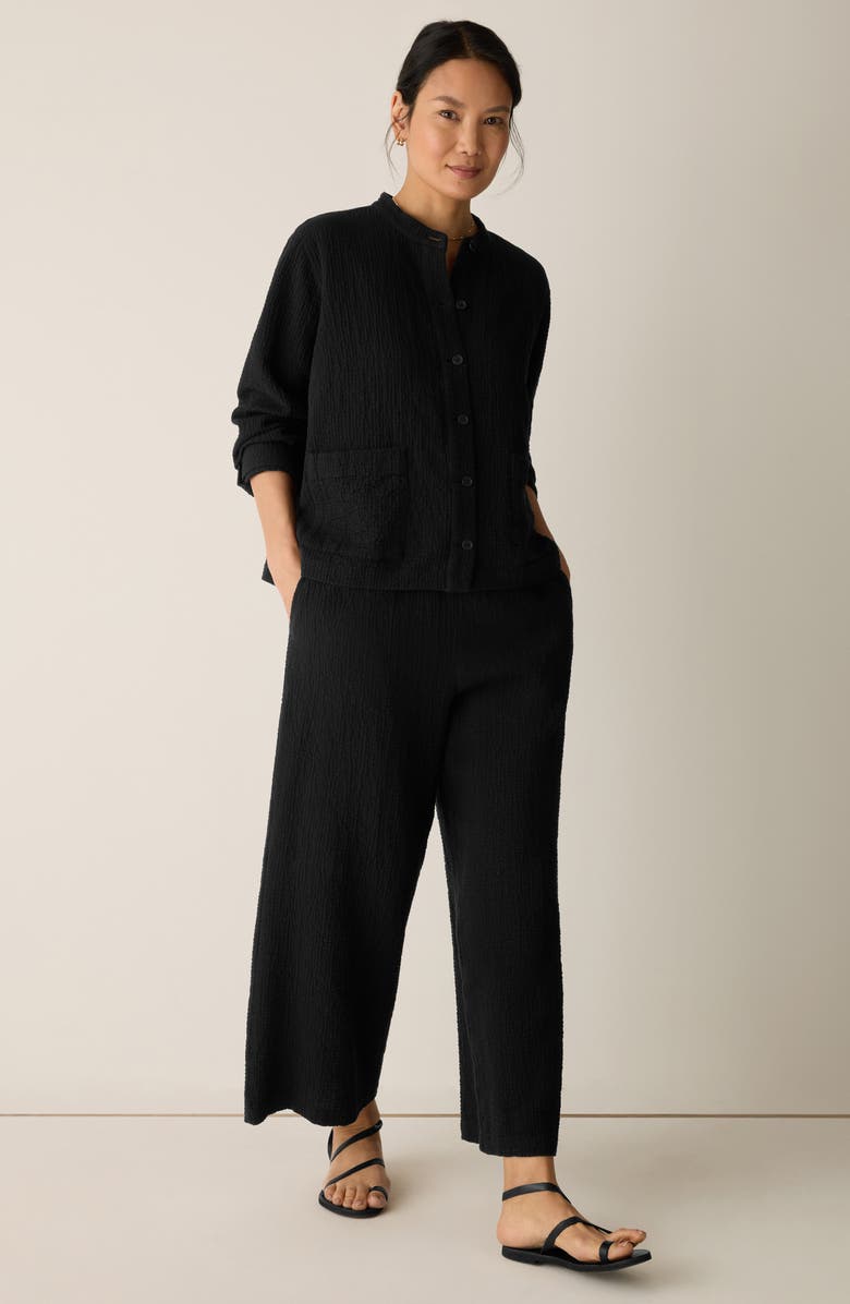 Eileen Fisher Mandarin Textured Stretch Organic Cotton Shirt Jacket, Alternate, color, Black
