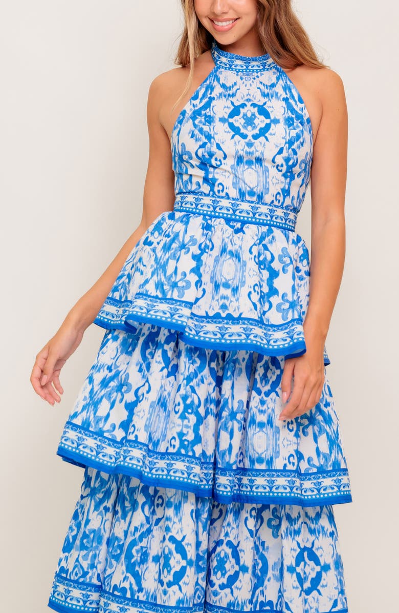 FLYING TOMATO Ikat Tiered Halter Maxi Dress, Alternate, color, Ivory Blue