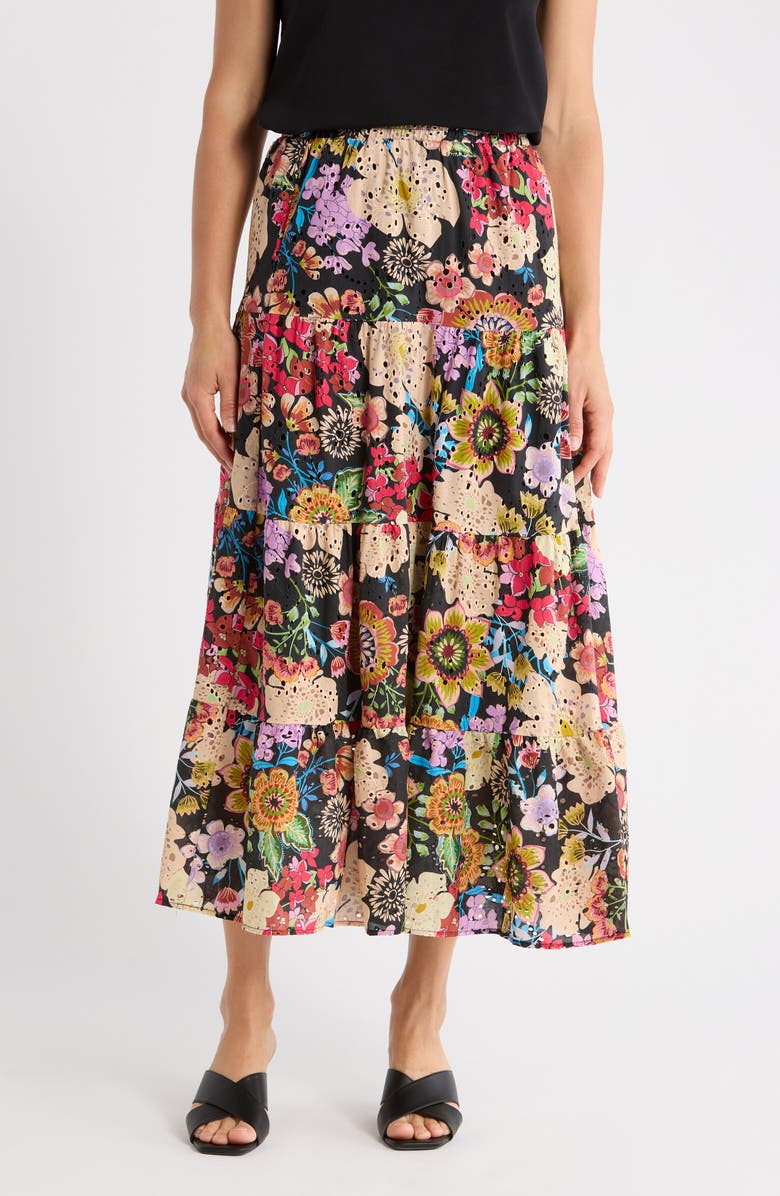 T Tahari Floral Eyelet Maxi Skirt, Main, color, Black Multi Floral