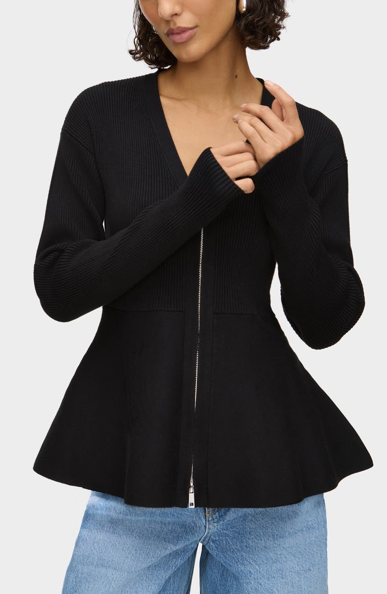 ALIGNE Peplum Detail Rib Zip Cardigan, Alternate, color, Black