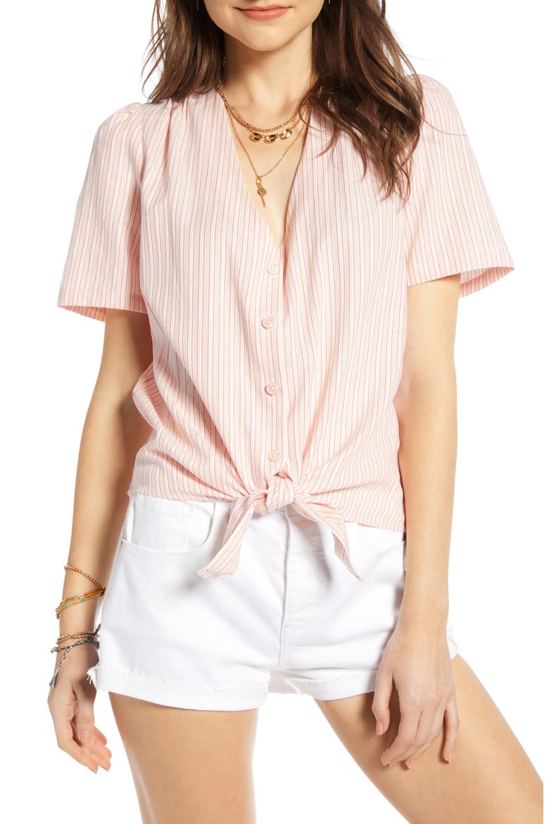 Tie Front Top, Main, color, IVORY- PINK SARA TWILL STRIPE