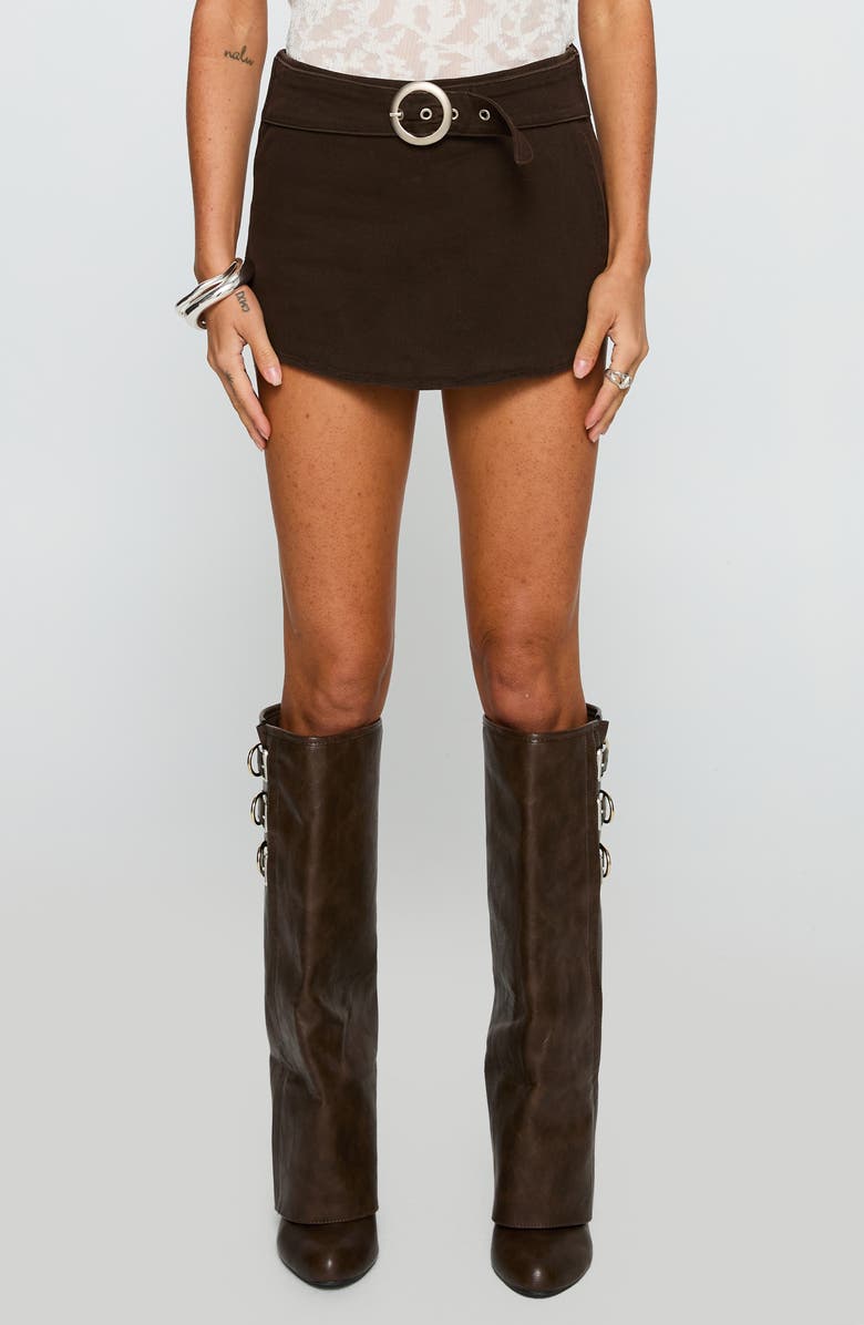 Princess Polly Rookie Belted Denim Miniskort, Main, color, Brown