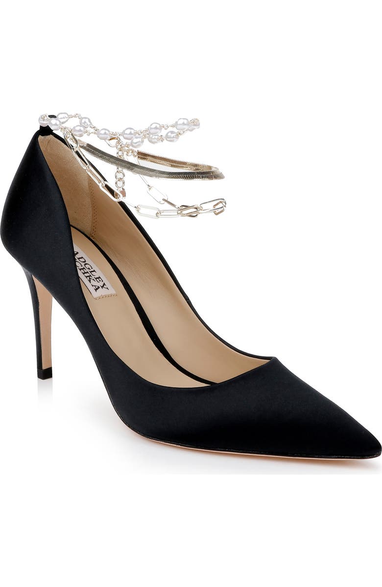 Badgley Mischka Collection Verna Chain Ankle Strap Pointed Toe Pump, Main, color, Black Satin