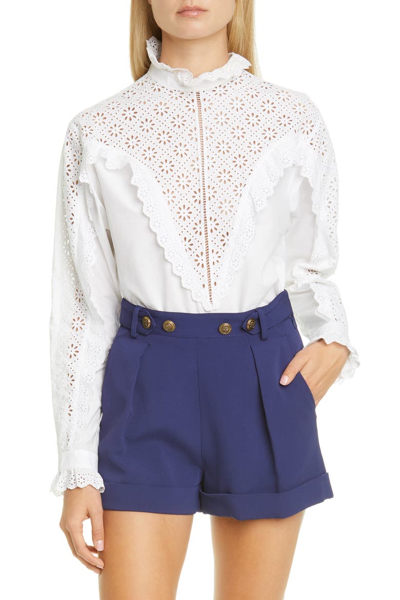 Eyelet Ruffle Cotton Poplin Blouse, Main, color, 0001 WHITE