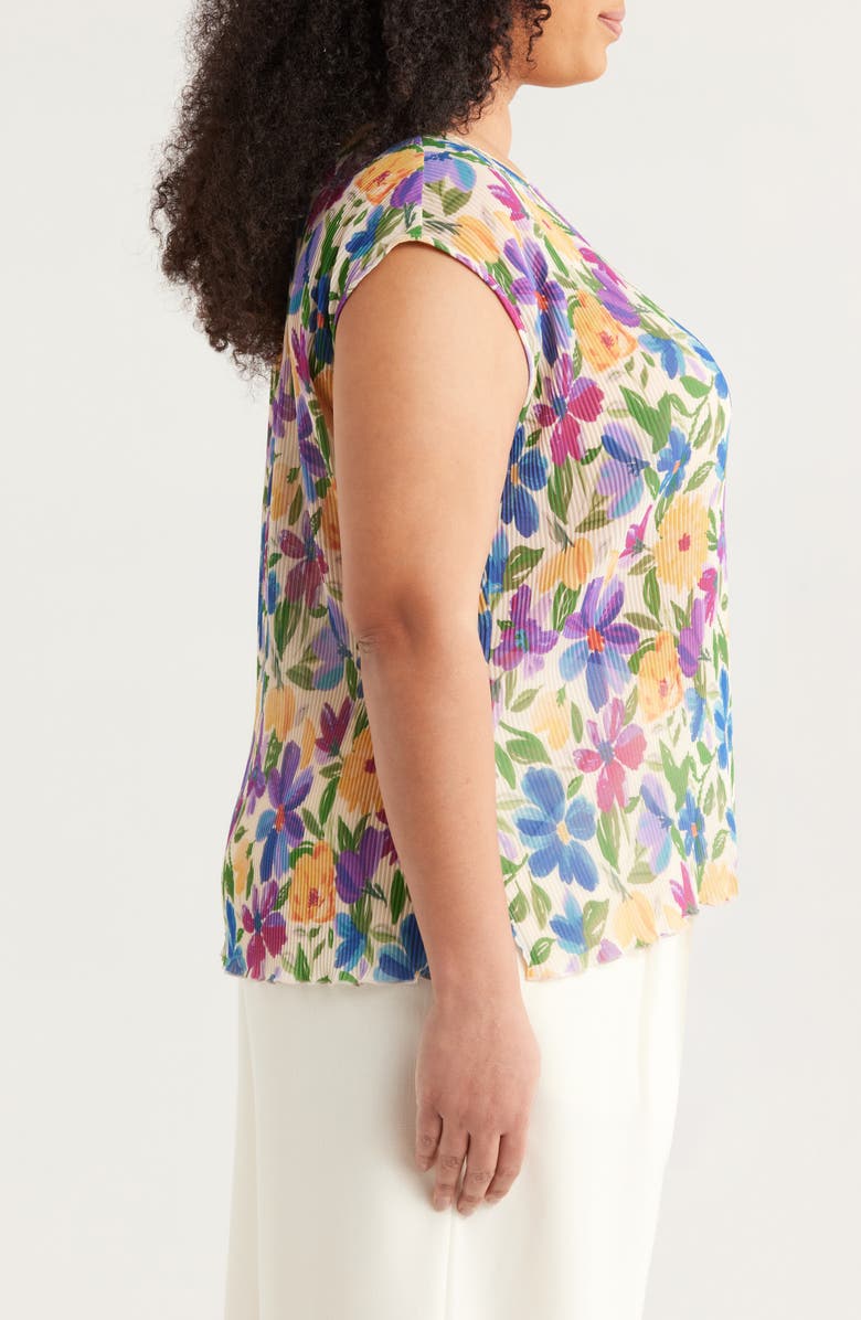 Tahari ASL Floral Plissé Cap Sleeve Top, Alternate, color, Sand Jungle