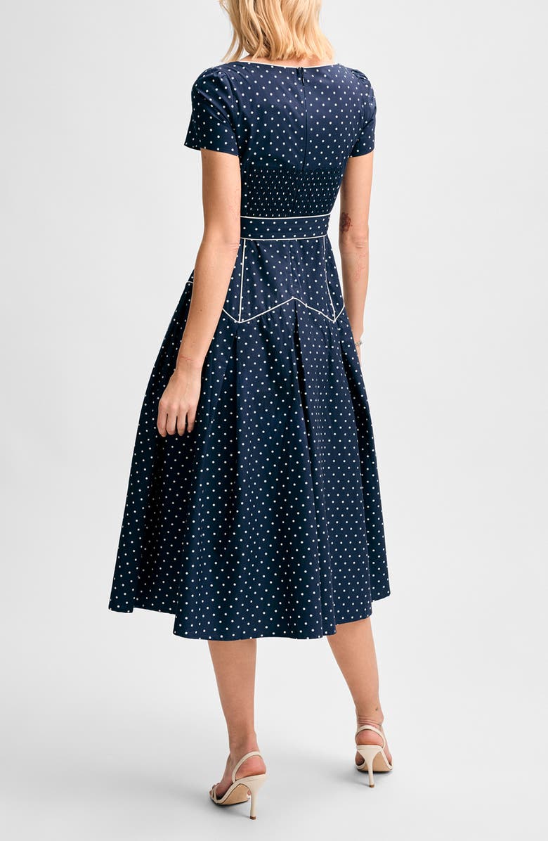 Isaac Mizrahi New York Pleated Belted Fit & Flare Midi Dress, Alternate, color, Navy/ White Dot