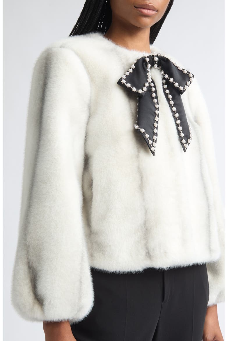 Benson Satin Bow Faux Fur Coat, Alternate, color, IVORY/BLACK