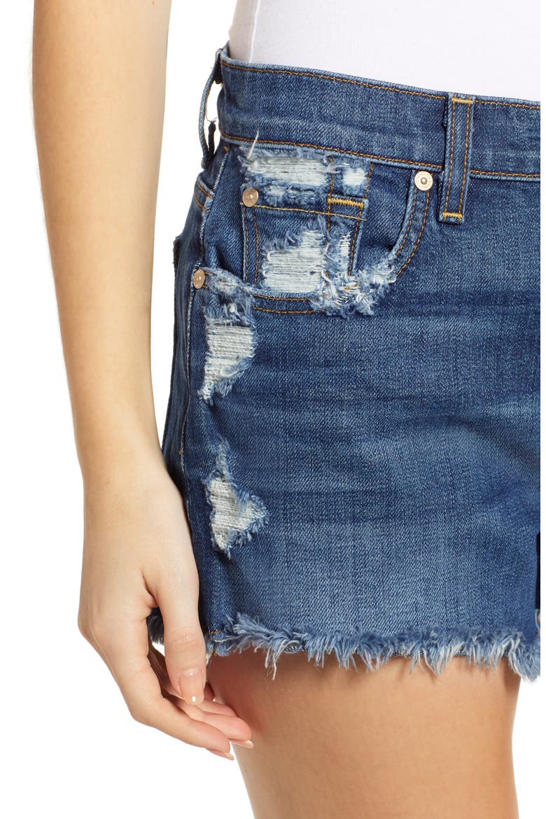 7 For All Mankind® High Waist Destroyed Cutoff Denim Shorts, Alternate, color, BLUE MONDAY