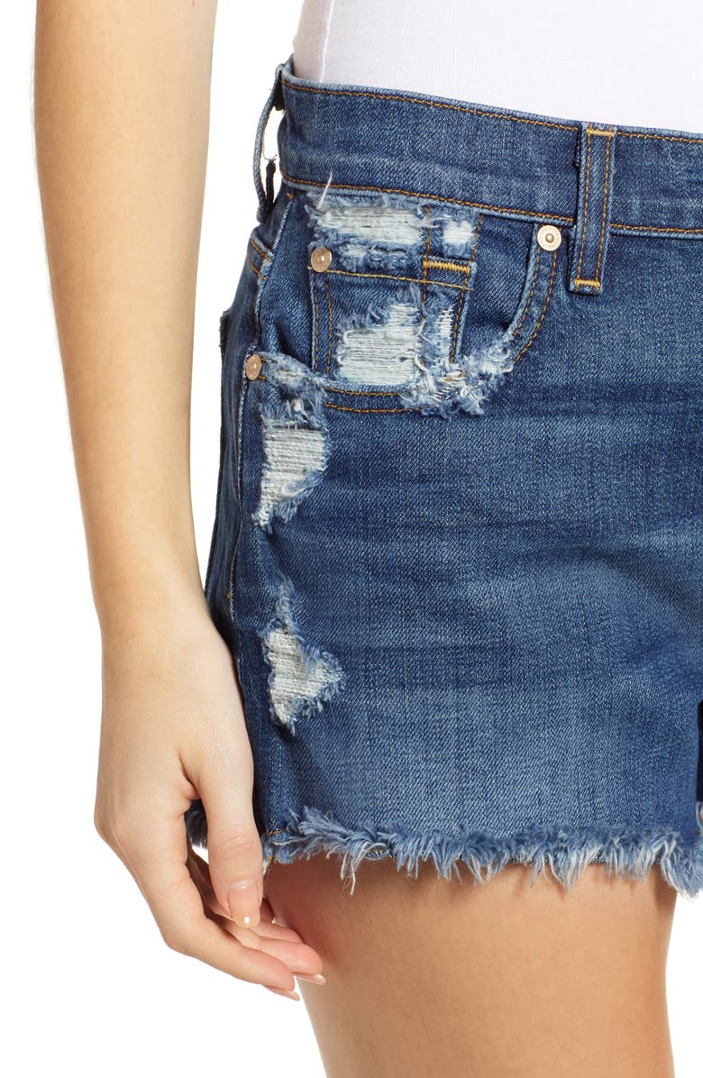 7 For All Mankind <sup>®</sup> High Waist Destroyed Cutoff Denim Shorts, Alternate, color, 