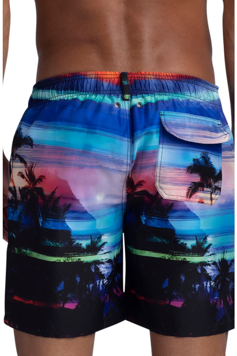 Rainbow Sunset Print Swim Trunks, Alternate, color, NIGHT BLUE
